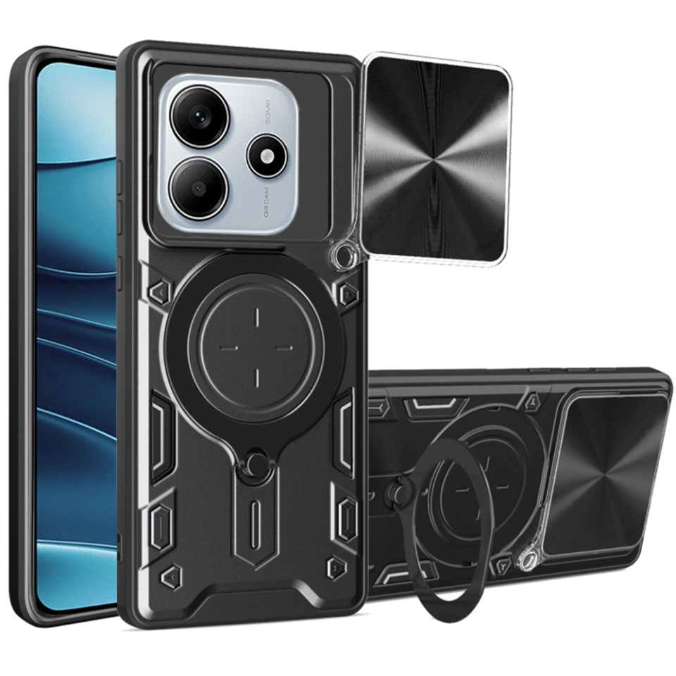 Husa pentru Xiaomi Redmi Note 14, cu inel magnetic si suport ajustabil, protectie completa camera, SKDR SafeCover - Negru