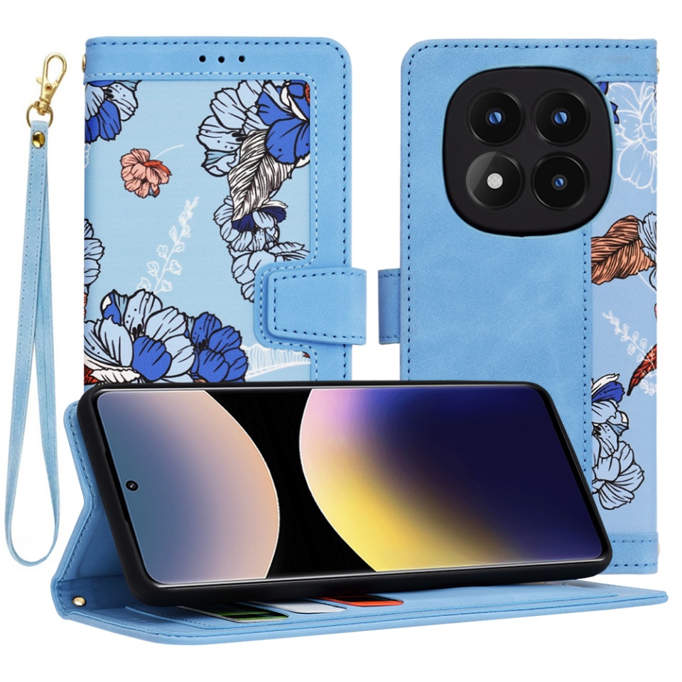 Husa pentru Xiaomi Redmi Note 14 Pro 4G / Poco F7, SKYDDAR INNOVATION, Floral Wallet, din Piele Ecologică cu Design Floral, Protecție 360°, Stand Integrat, Buzunare pentru Carduri, Bleu, set cu sticker