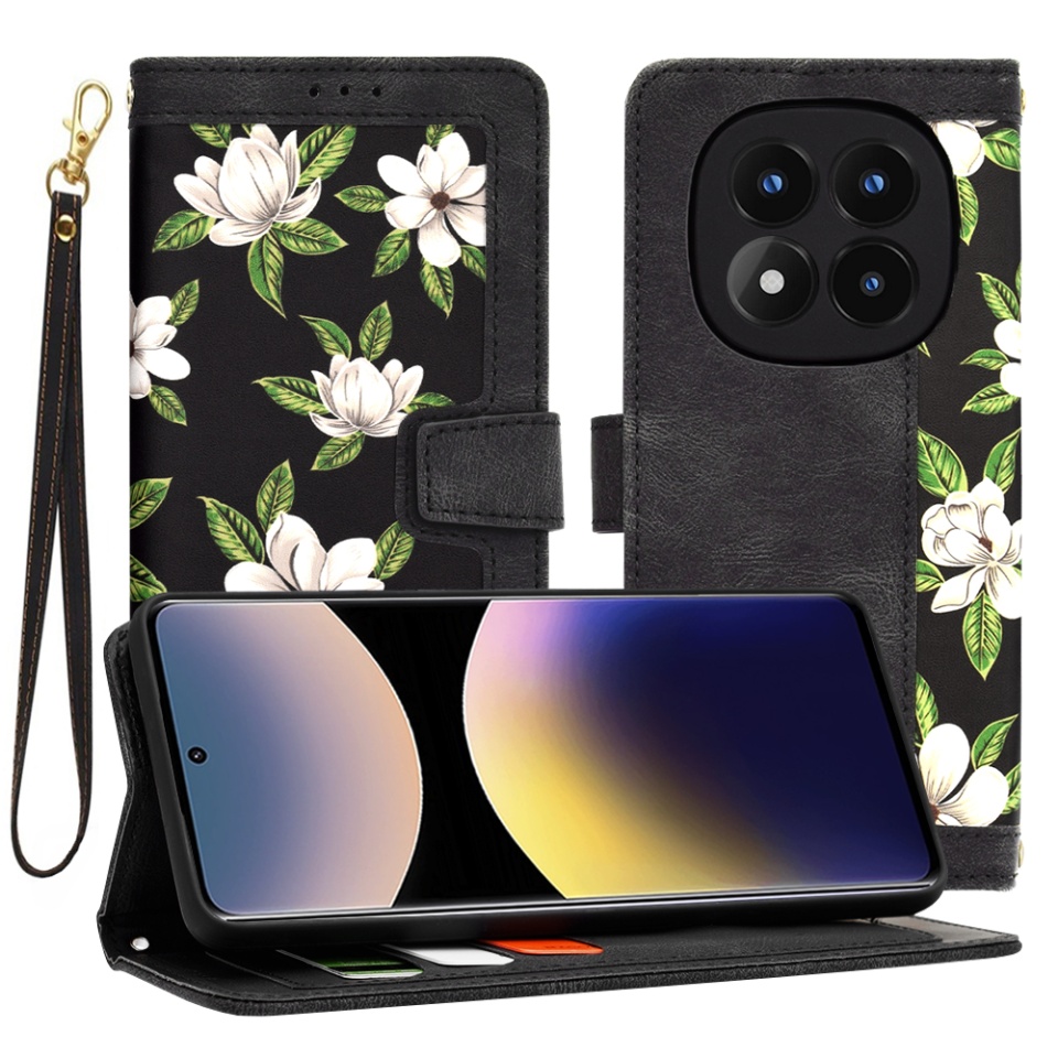 Husa pentru Xiaomi Redmi Note 14 Pro 4G / Poco F7, SKYDDAR INNOVATION, Floral Wallet, din Piele Ecologică cu Design Floral, Protecție 360°, Stand Integrat, Buzunare pentru Carduri, Negru, set cu sticker