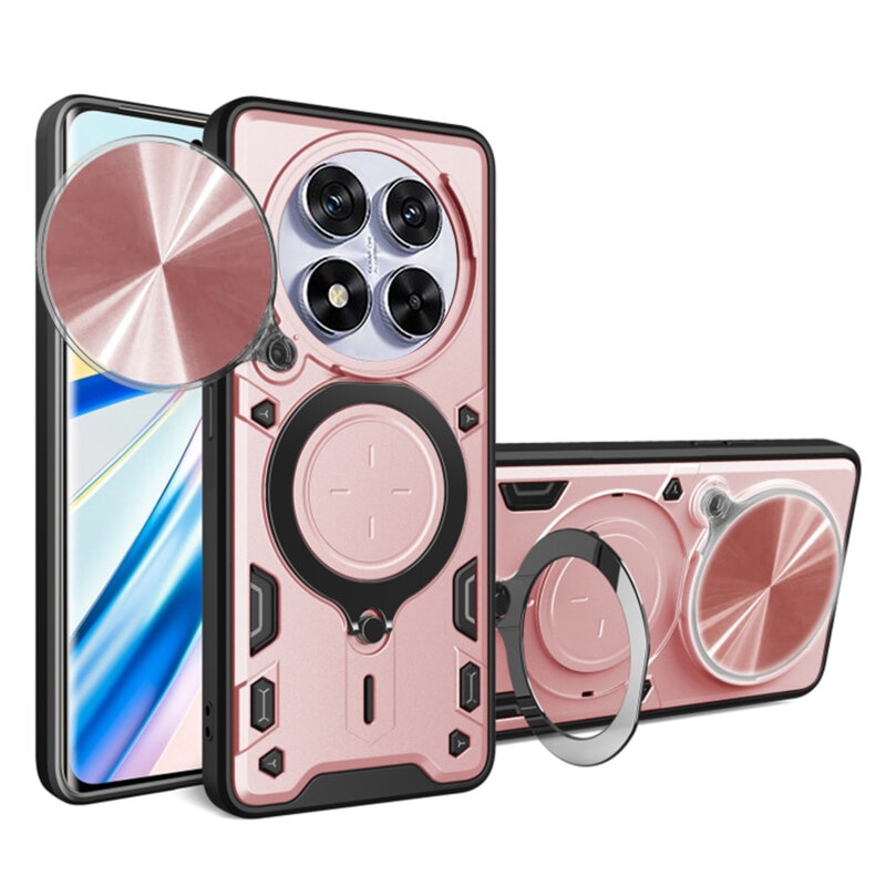 Husa pentru Xiaomi Redmi Note 14 Pro, cu inel magnetic si suport ajustabil, protectie completa camera, SKDR SafeCover - Roz auriu