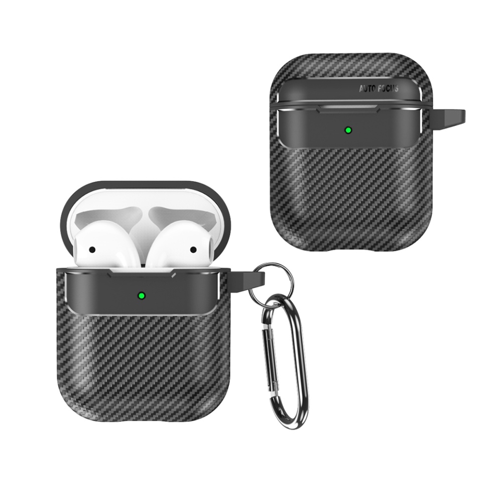 Husa Protectie pentru AirPods 1 / 2, din Fibra de Carbon, cu Breloc Carabina, Incarcare Wireless, EarSafe - Negru - 2 | YEO