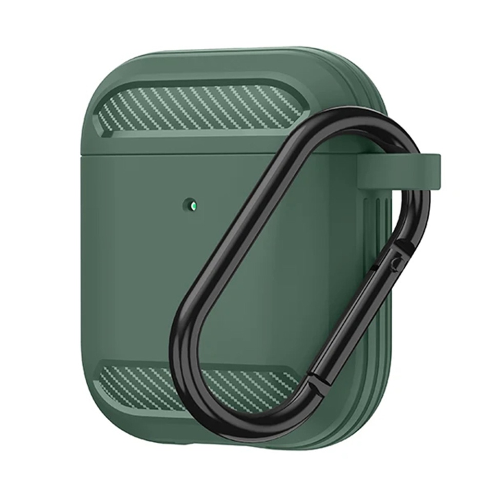 Husa Protectie pentru AirPods 1 / AirPods 2, din Fibra de Carbon Silicon, cu Breloc Carabina, Incarcare Wireless, EarSafe - Verde