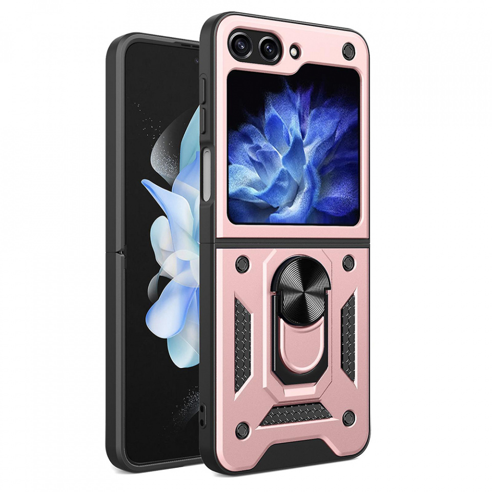 Husa Samsung Galaxy Z Flip5 cu inel magnetic si protectie camera Skyddar CamShield - Roz