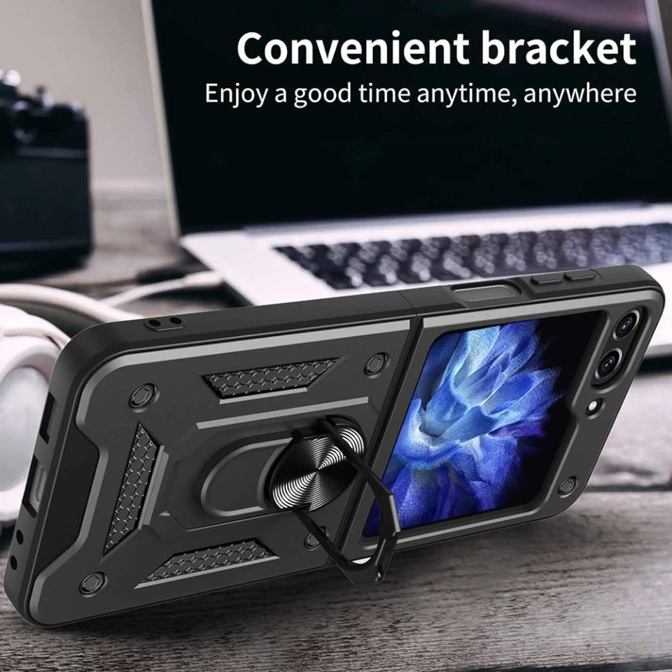 Husa Samsung Galaxy Z Flip6 cu inel magnetic si protectie camera Skyddar CamShield - Negru - 1 | YEO