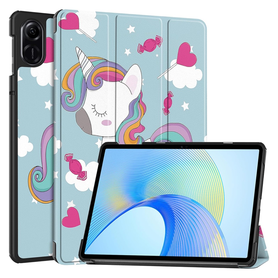 Husa tableta pentru Honor Pad X9 / X8 Pro, SKYDDAR INNOVATION, cu suport Multi-Unghi si functie Sleep/Wake, FoldPro, Unicorn, set cu sticker