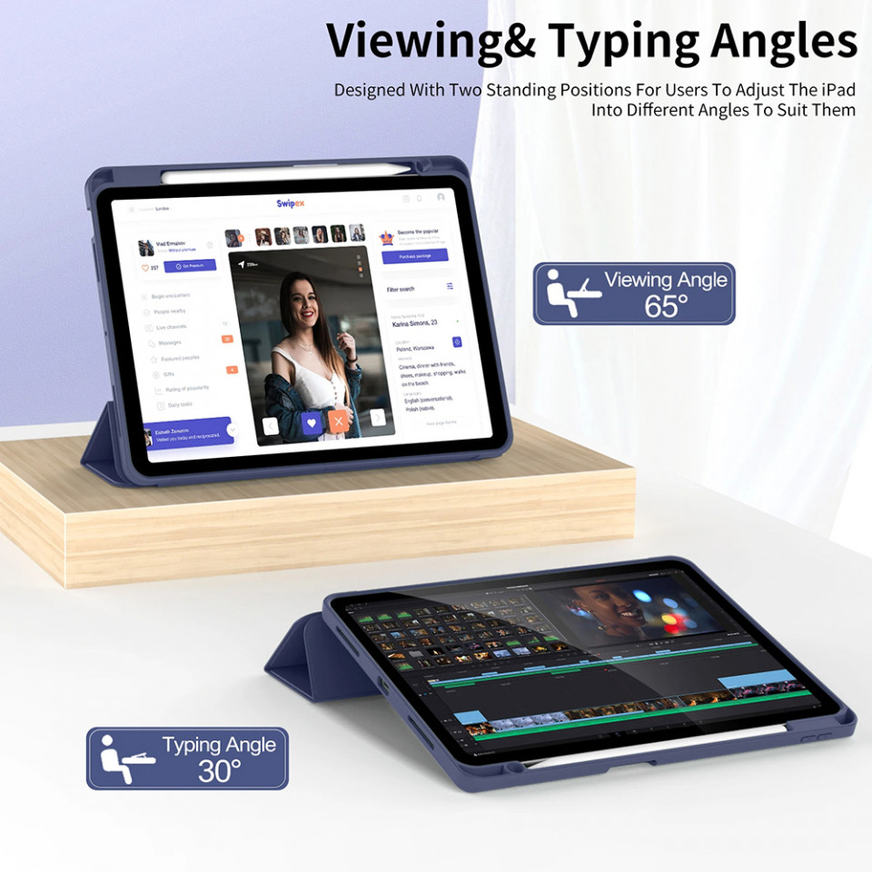 Husa tableta pentru iPad Air 4 (2020) / Air 5 (2022) cu suport 2 Unghiuri și functie Sleep/Wake, SKDR OfficeMate - Negru - 5