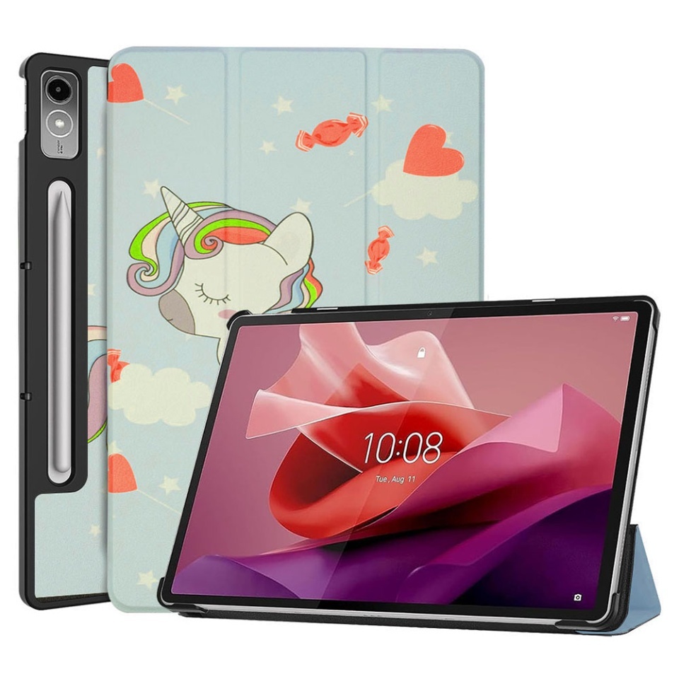 Husa tableta pentru Lenovo Tab P12, SKYDDAR INNOVATION, cu suport Multi-Unghi si functie Sleep/Wake, FoldPro, Unicorn, set cu sticker