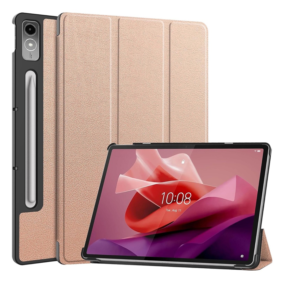 Husa tableta pentru Lenovo Tab P12, SKYDDAR INNOVATION, cu suport Multi-Unghi si functie Sleep/Wake, FoldPro, Roz, set cu sticker
