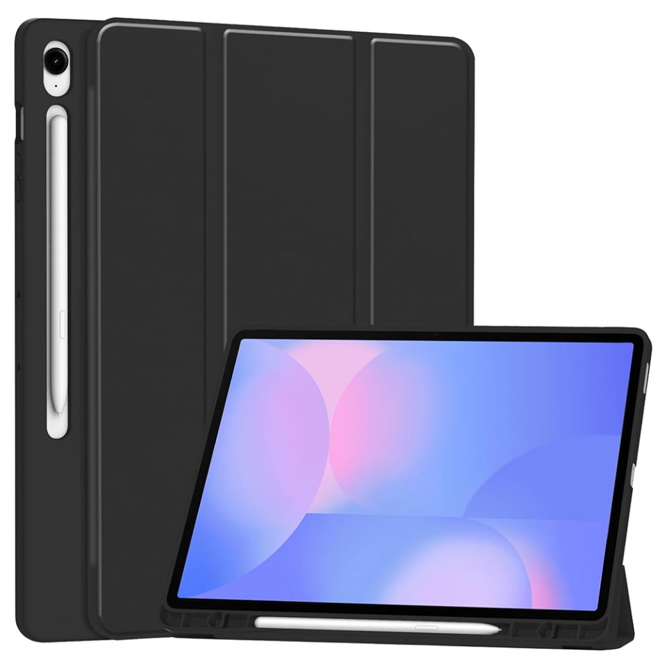 Husa tableta pentru Samsung Galaxy Tab S10 FE Plus, suport Pencil, functie Sleep/Wake, SKDR, Flex Trifold, Negru, set cu sticker