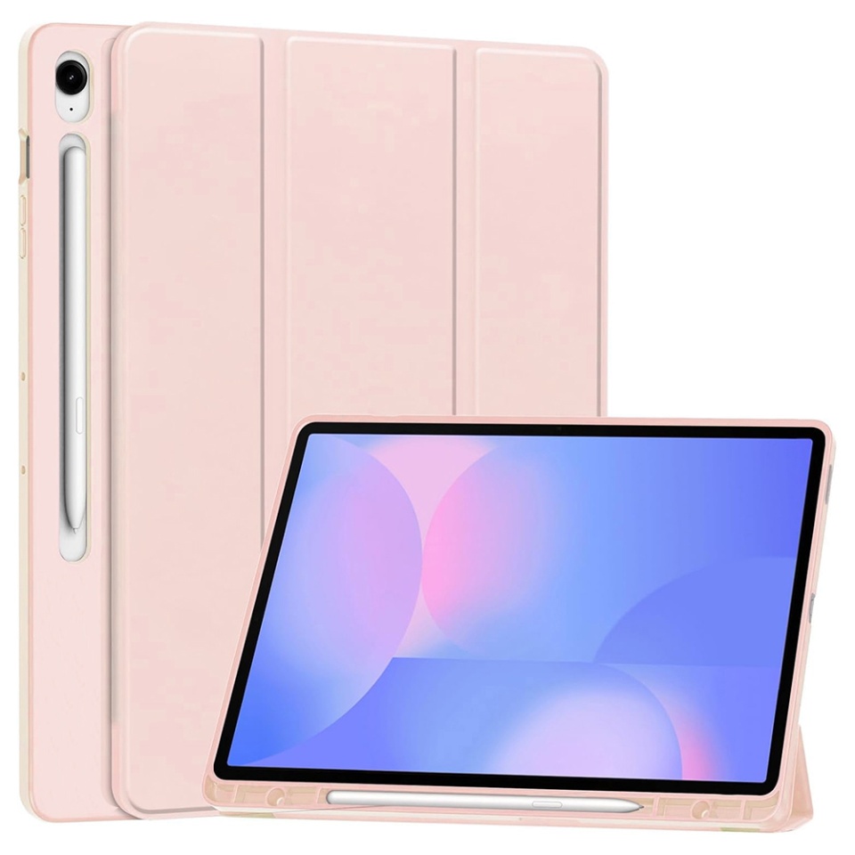Husa tableta pentru Samsung Galaxy Tab S10 FE Plus, suport Pencil, functie Sleep/Wake, SKDR, Flex Trifold, Roz, set cu sticker