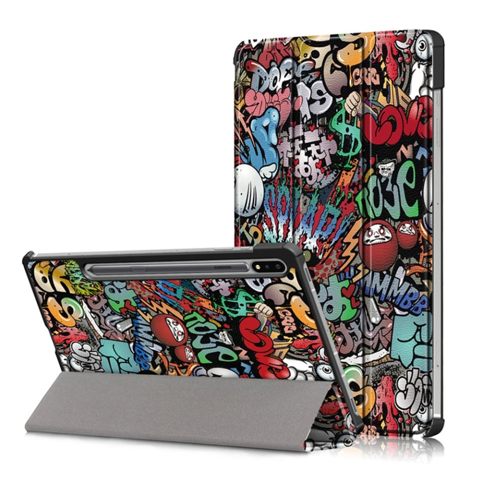 Husa tableta pentru Samsung Galaxy Tab S7 Plus / S8 Plus / S7 FE, SKYDDAR INNOVATION, cu suport Multi-Unghi si functie Sleep/Wake, FoldPro, Multicolor, set cu sticker