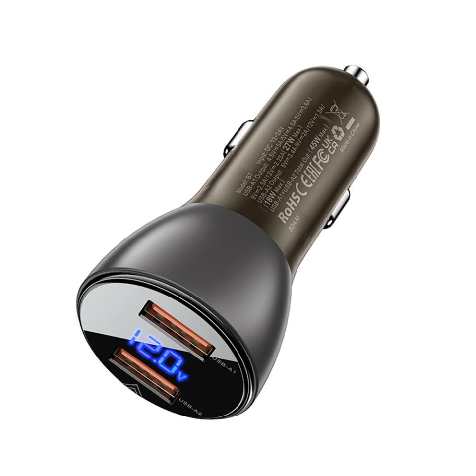 Incarcator Auto 45W, 2x USB, Dual Fast Charging, Ecran LED Digital, Design Transparent, Acefast B7, Negru - 1 | YEO