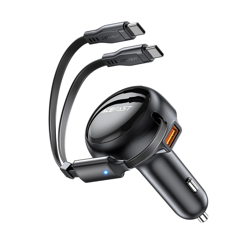 Incarcator Auto 53W, 2x Type-C + 1x USB, Cablu Retractabil 70+15cm, Fast Charging, Acefast B13, Negru