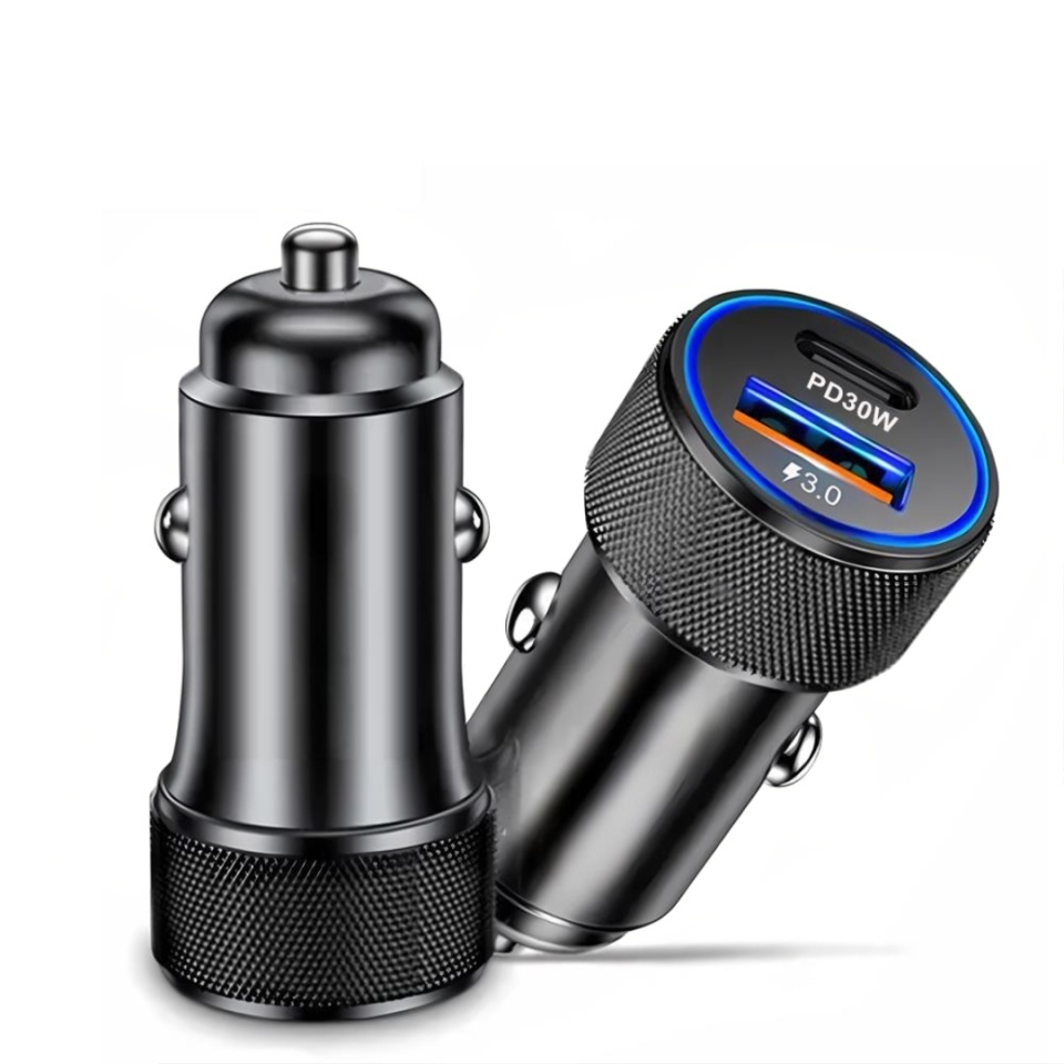 Incarcator Auto Fast Charge PD 30W, QC 3.0, Type-C, USB, Lumini LED, Skyddar VoltDuo, set cu sticker, Negru - 1 | YEO