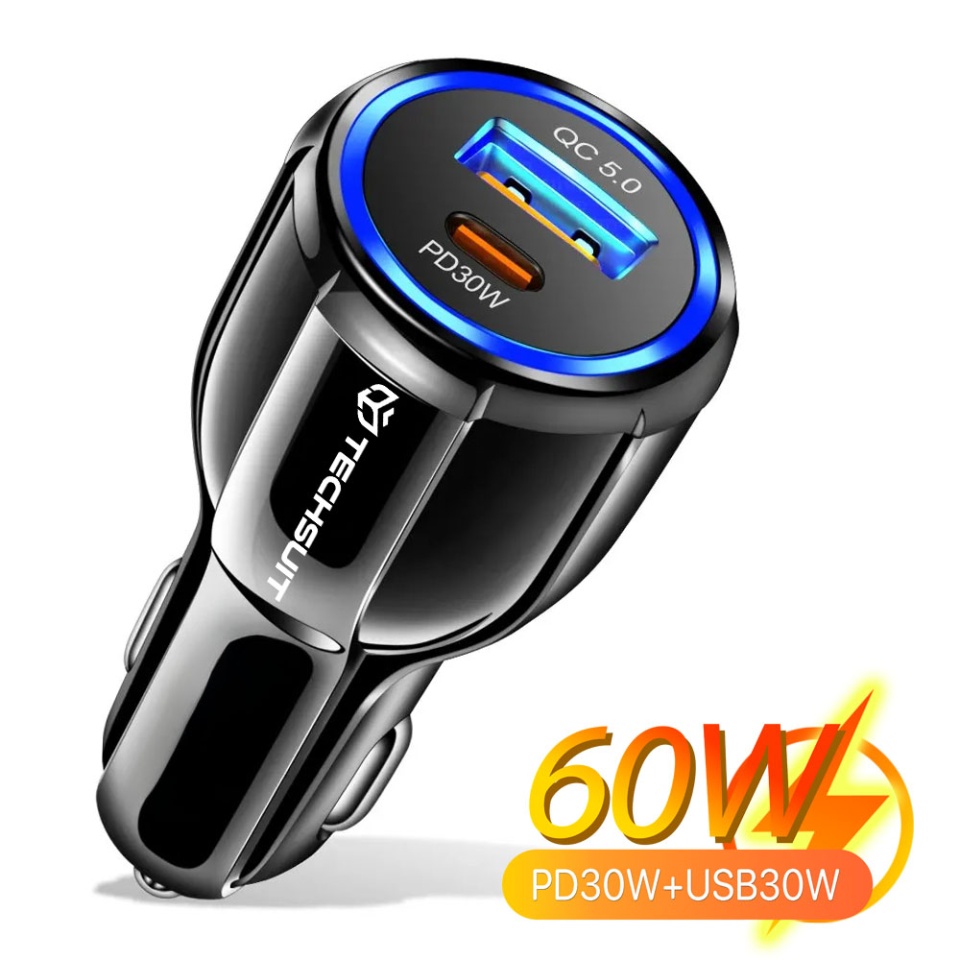 Incarcator auto Fast Charge, USB-C PD30W, Type-C PD30W, 60W, Techsuit TE-022 - Negru