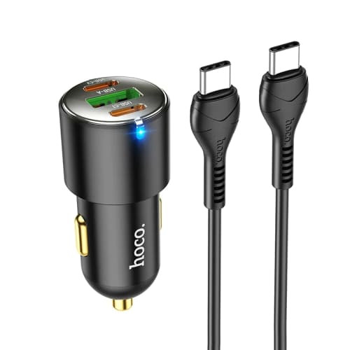 Incarcator auto (NZ6), USB-A, 2xUSB Type-C, QC 3.0, PD 45W, 5.0A cu cablu Type-C to Type-C Cable 1.0m, HOCO - Negru - 2 | YEO