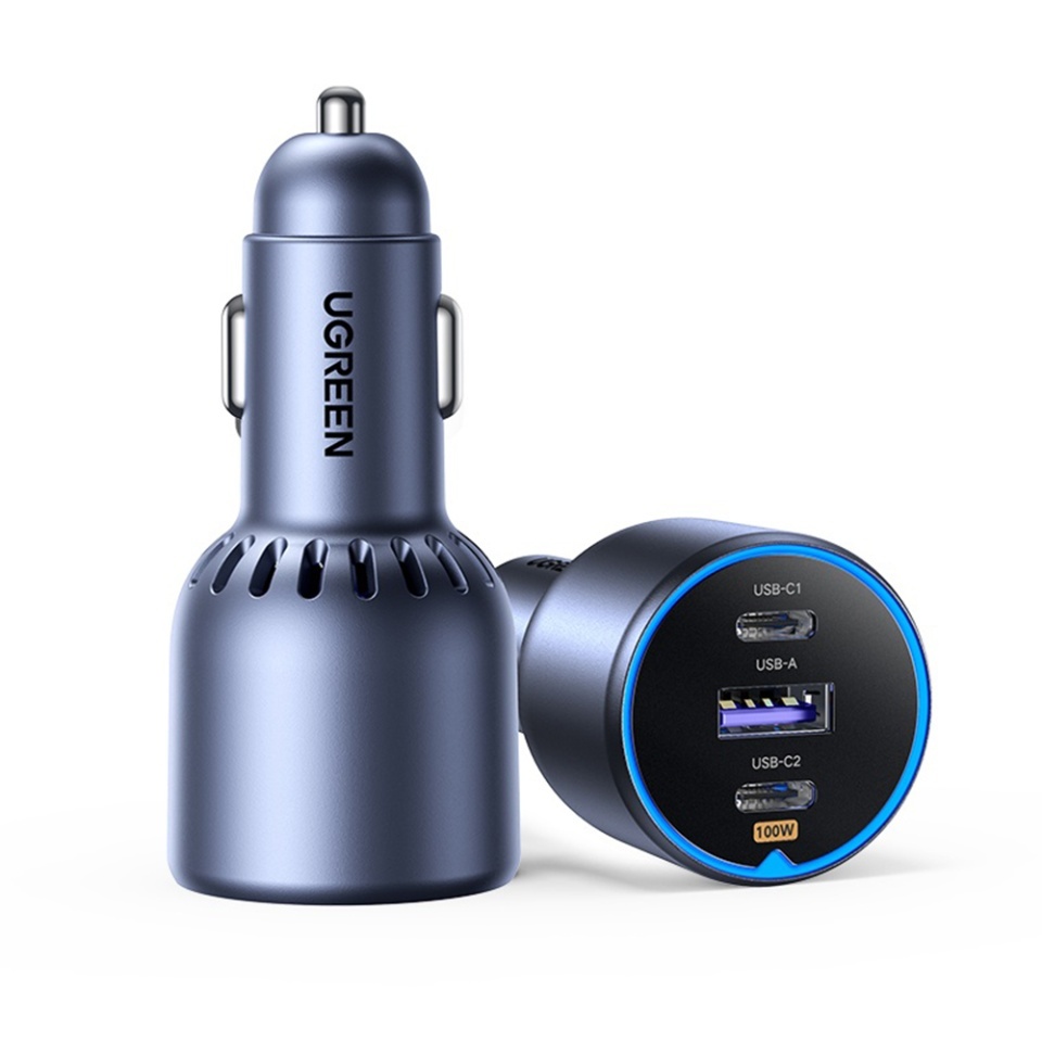Incarcator Auto pentru Telefon, Laptop, Fast Charge, LED Light, 2x USB-C, USB, 130W, with Type-C Cable, Ugreen EC705, Gri