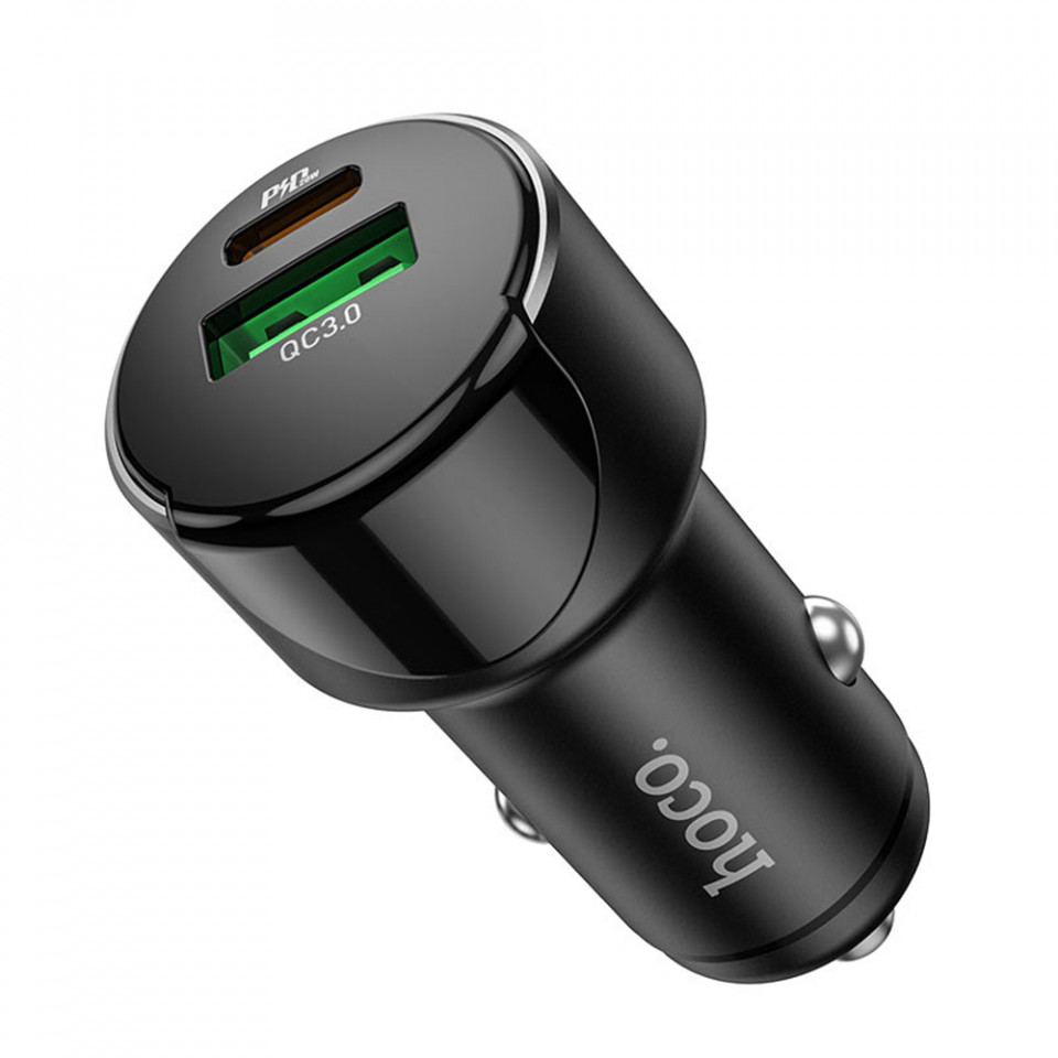 Incarcator auto (Z42 Light Road), USB-A, USB Type-C, QC 3.0, PD 20W, 3A, HOCO - Negru - 1 | YEO