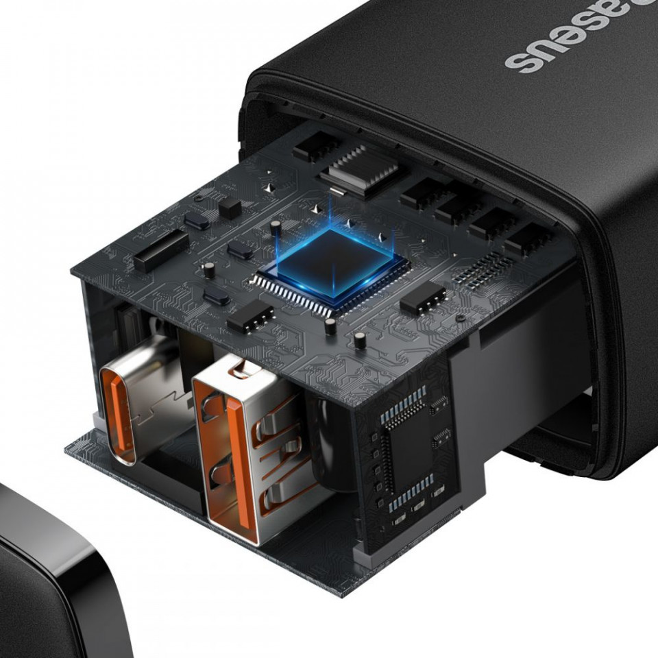 Incarcator priza Compact, USB-C, PD, 20W si USB-A, QC, 3A, Baseus (CCXJ-B01) - Negru - 3 | YEO
