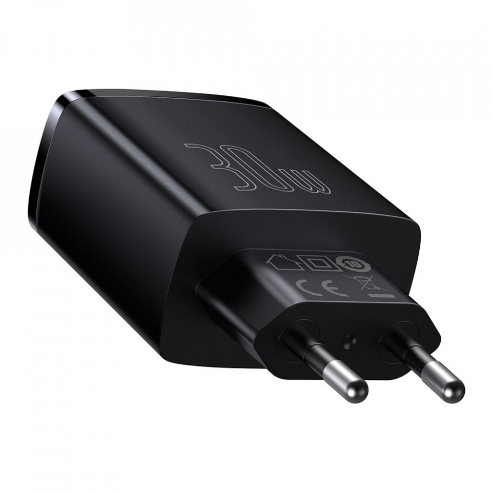 Incarcator priza Compact, USB-C, PD, 30W si 2x USB-A, QC 3A, Baseus (CCXJ-E01) - Negru - 1 | YEO