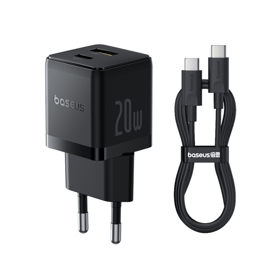 Incarcator Priza cu 2 porturi, Baseus,Type-C Cablu Inclus, 2in1, USB, USB-C, 20W, 5V/3.0A, 1m , Palm 8213, Negru