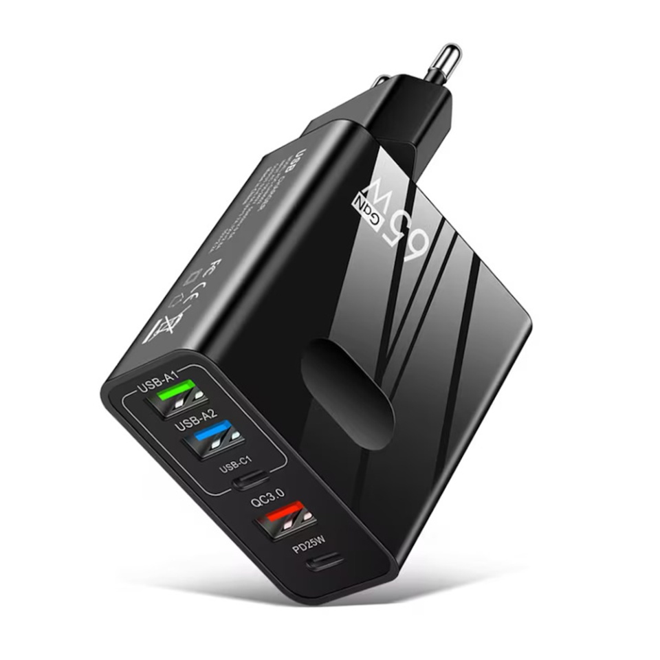 Incarcator Priza cu 5 porturi , Universal, 3x USB, 2x Type-C, Cablu Inclus, PD 25W, 65W, GaN, Techsuit PentaXPower (CHC1), Negru, set cu sticker