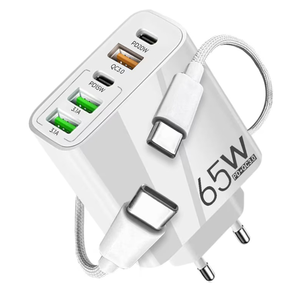 Incarcator Priza cu 5 porturi , Universal, 3x USB QC 3.0, 2x Type-C PD 20W, 65W, GaN, Techsuit PentaXPower (CHC2), Alb, set cu sticker