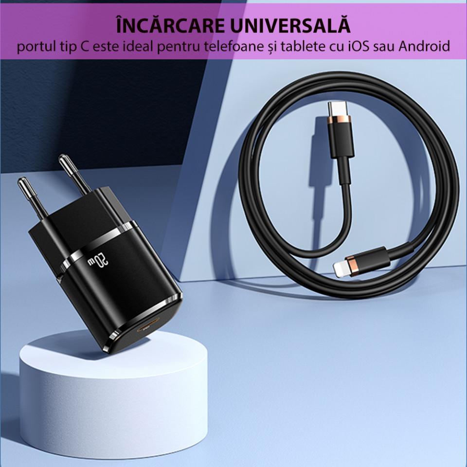 Incarcator priza Type-C, Fast Charge, 20W, 3A, USAMS T36 - Negru - 3 | YEO