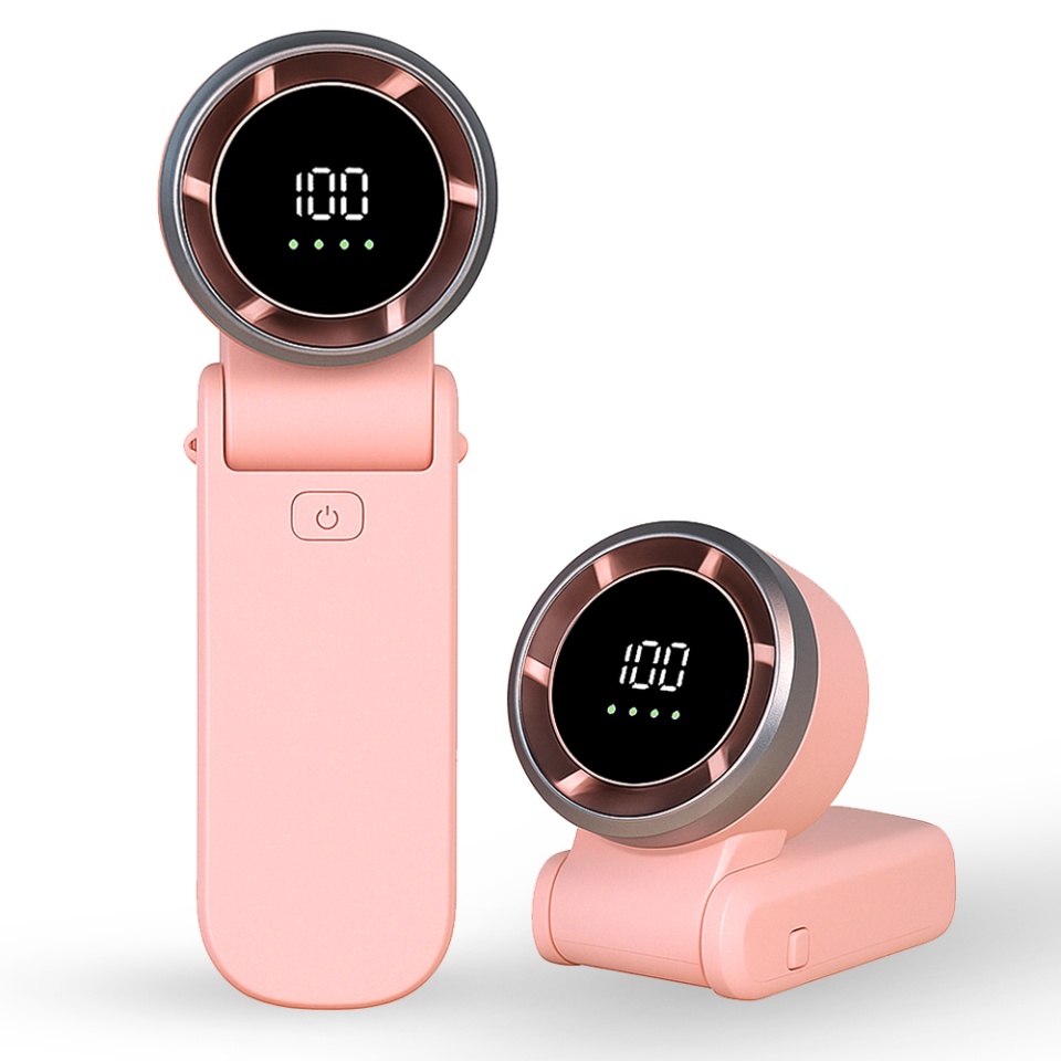 Mini Ventilator Portabil A9, LED Display, 5 Viteze, USB-C, Baterie 5000mAh, Silentios si Reincarcabil, Roz