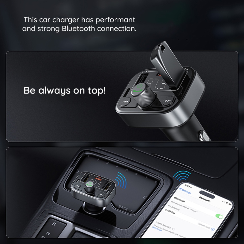Modulator FM si Incarcatir Auto cu Bluetooth 5.3, USB, USB-C, Display, PD18W, Baseus S-09 Pro- Negru - 3 | YEO