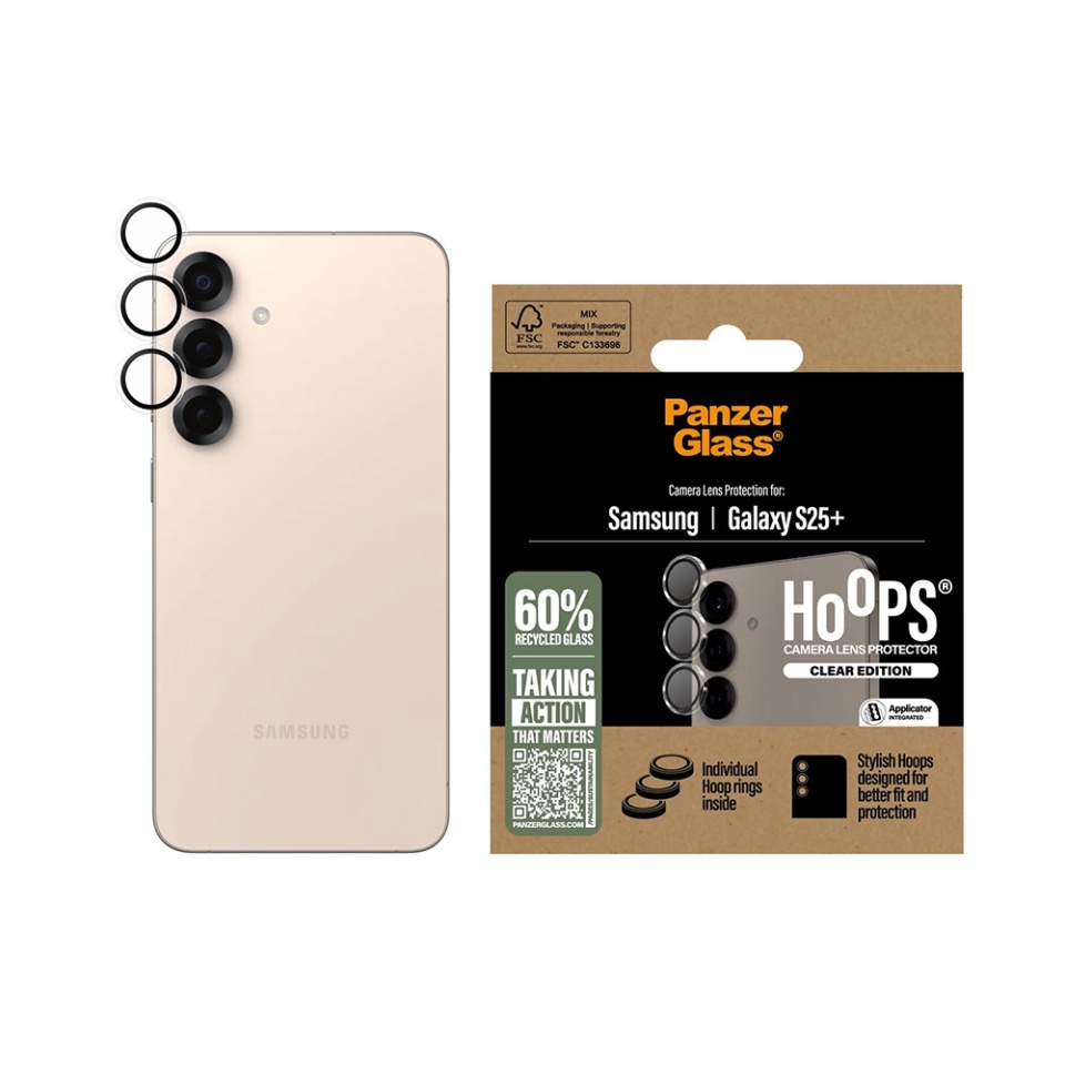 Protectie Camera pentru Samsung Galaxy S25 Plus, Hoops PanzerGlass®, cu Separare Optica, Sticla Securizata, Anti-Zgarieturi si Anti-Reflexie, Transparenta