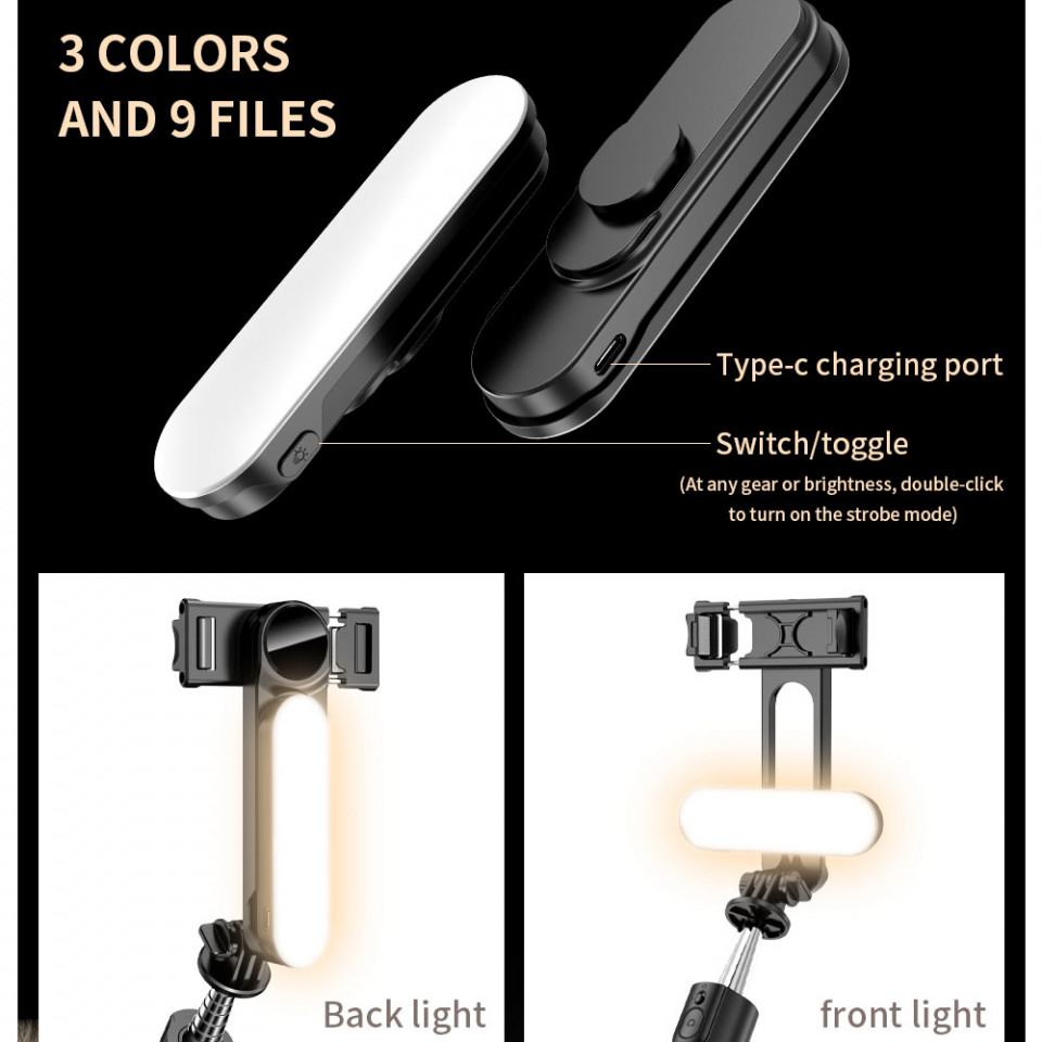 Selfie stick tip trepied cu LED, pliabil, Techsuit L15 - Negru - 3 | YEO