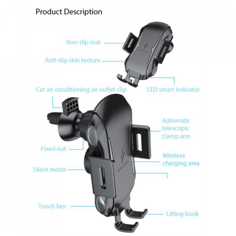 Suport auto premium cu incarcare wireless 10W, prindere bord / grila ventilatie / geam, Techsuit (CAPD032) - Negru - 2 | YEO