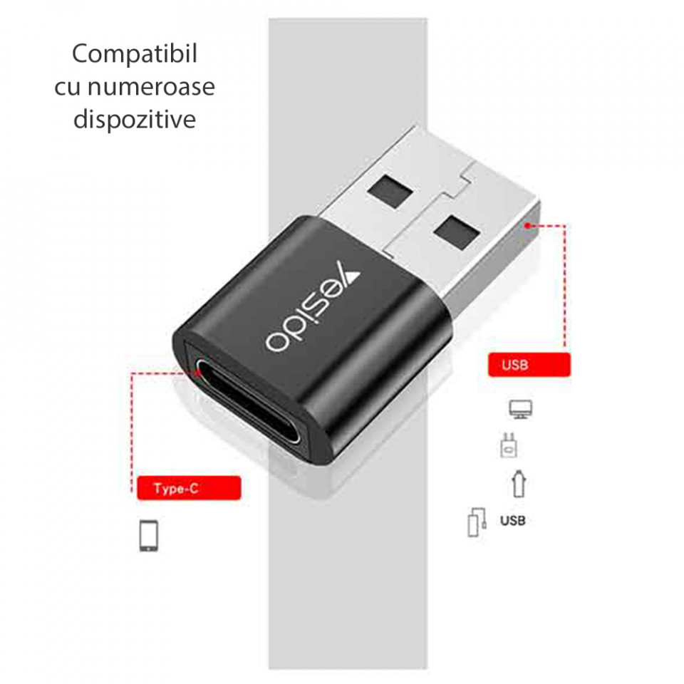 Adaptor OTG USB la Type-C 5Gbps, Yesido (GS09) - Negru - 2 | YEO