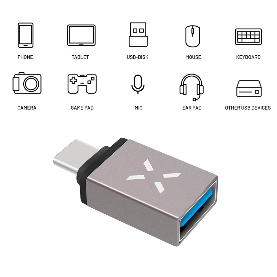 Adaptor USB 3.0 la USB-C, Viteza 5Gbps, 2.4A, Compatibil Universal, Corp Aluminiu, Fixed FIXA, Gri - 2 | YEO