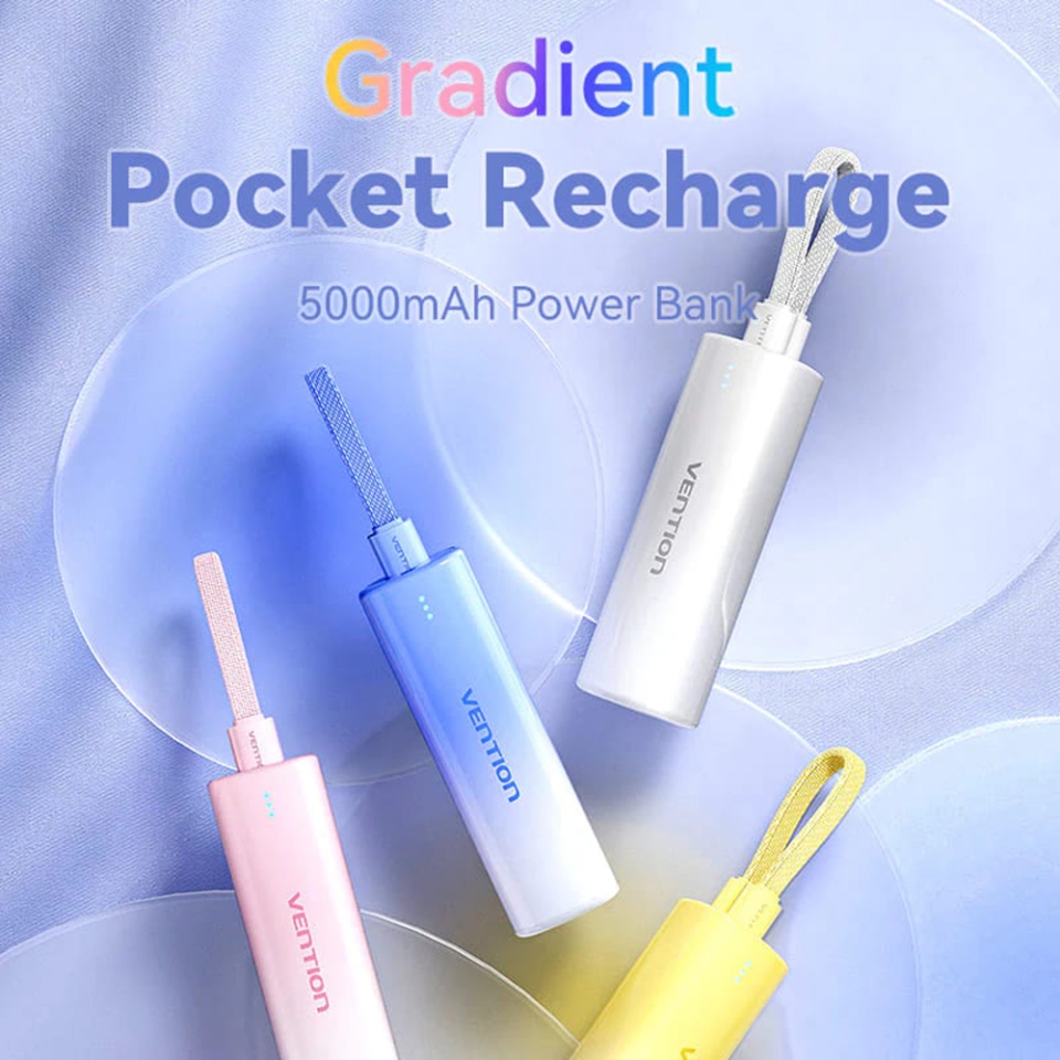 Baterie Externa, Vention, Incarcare Rapida, Type-C, Lightning, Lanyard Design, 20W, Light Indicator, Fast Charging Cable, 5000mAh, FHWM0, Galben - 1 | YEO