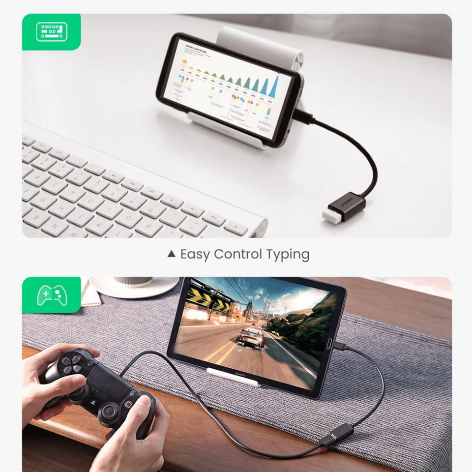 Cablu adaptor OTG (10396) USB la Micro-USB, viteza de 480 Mbps, 15cm, Ugreen - Negru - 2 | YEO