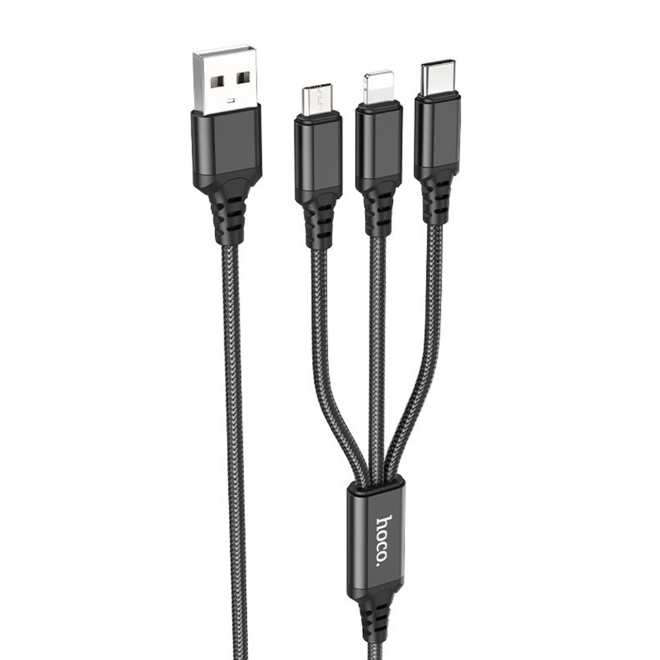 Cablu de Date 3in1 USB la Type-C, Micro-USB, Lightning, Fast Charging 2A, 1m, Hoco - Negru
