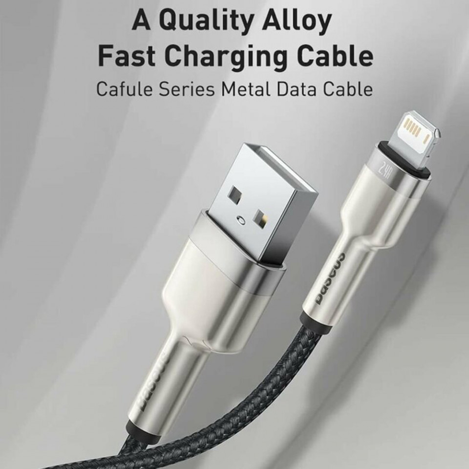 Cablu USB to Lightning, 2.4A, 480Mbps, 1m - Baseus Cafule Series Metal (CALJK-A01) - Black - 3 | YEO