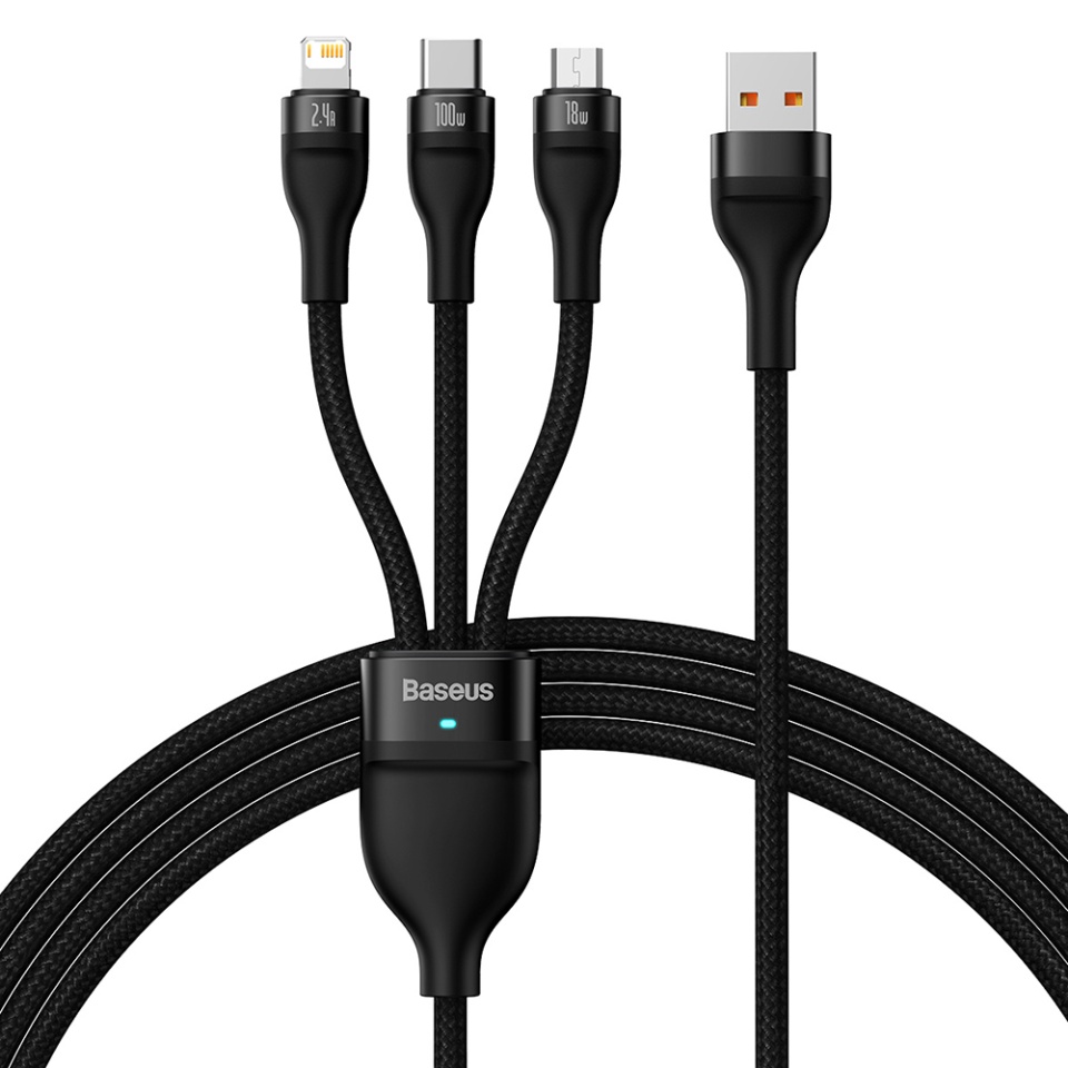 Cablue de Incarcare / Date 3in1 USB la Type-C, Lightning, Micro-USB, 100W, 1.2m, Baseus, Flash Series 2, Negru
