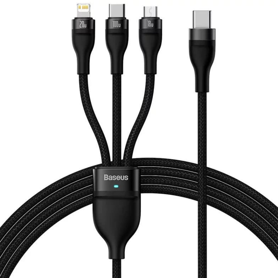 Cablue de Incarcare / Date 3in1 USB la Type-C, Lightning, Micro-USB, 100W, 1.5m, Baseus, Flash Series 2, Negru
