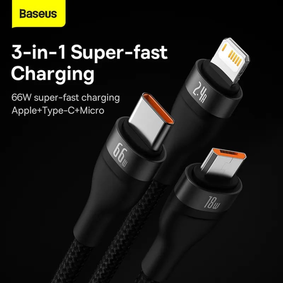 Cablue de Incarcare / Date 3in1 USB la Type-C, Lightning, Micro-USB, 66W, 1.2m, Baseus, Flash Series 2, Negru - 1 | YEO
