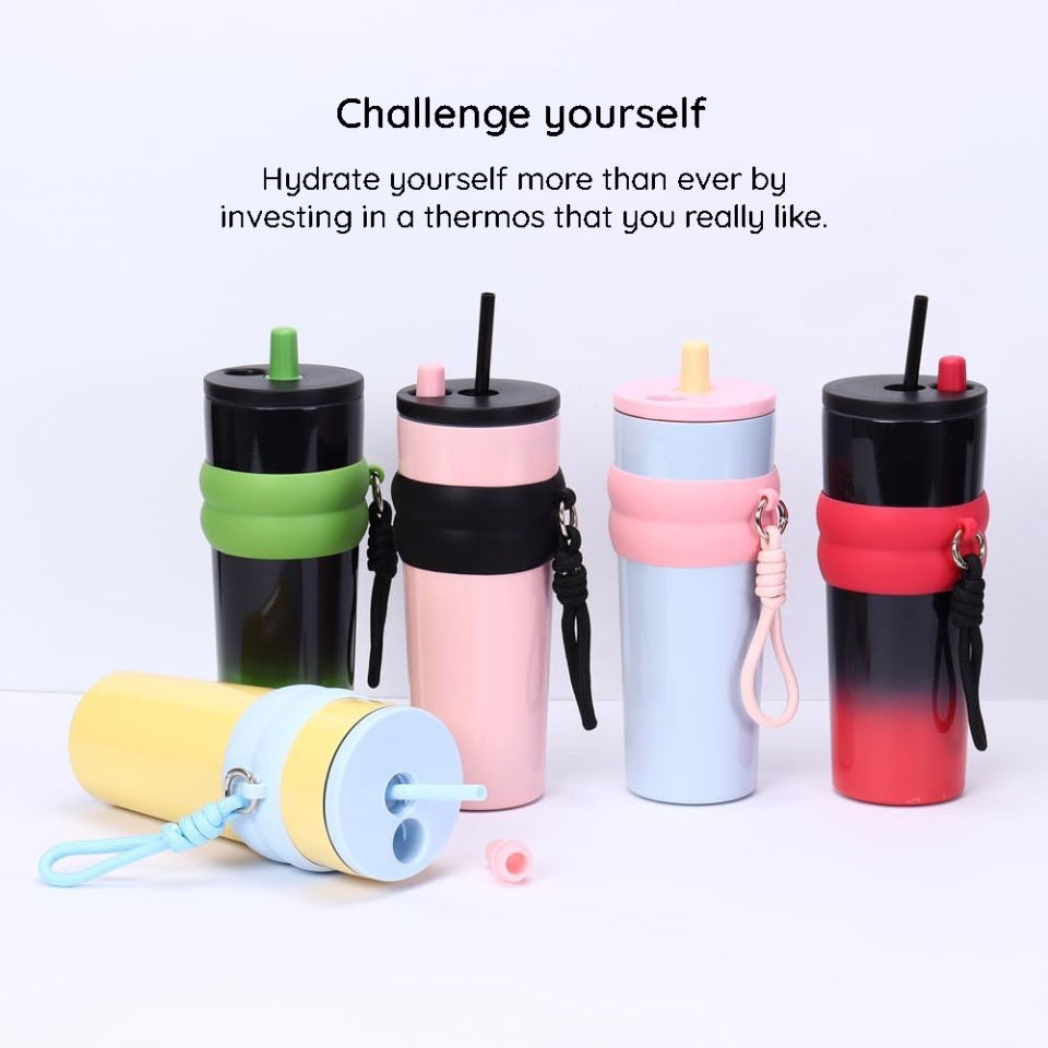 Cana termos, Cu pai, BPA-FREE, Rezistent la rugina si la scurgeri, Reutilizabil, Bauturi calde si reci, Pentru apa, ceai sau cafea, smoothie si multe altele, Otel inoxidabil, 710ml, THM7 - Roz - 3 | YEO