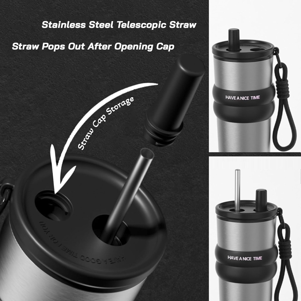 Cana termos, Cu pai, BPA-FREE, Rezistent la rugina si la scurgeri, Reutilizabil, Bauturi calde si reci, Pentru apa, ceai sau cafea, smoothie si multe altele, Otel inoxidabil, 710ml, THM7 - Negru - 3 | YEO