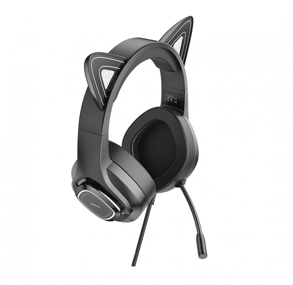Casti Gaming Jack 3.5mm cu LED si Microfon, Hoco Cat Ears - Negru / Verde - 3 | YEO