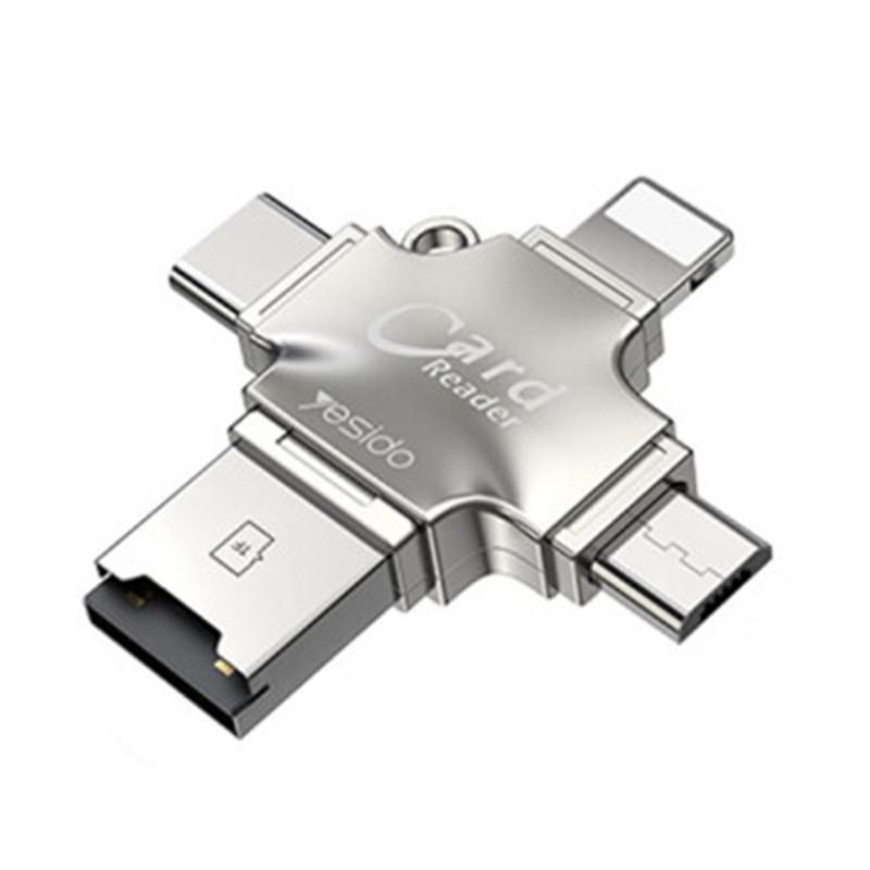 Cititor de Carduri MicroSD + Adaptor USB, Type-C, Lightning, Micro-USB, Yesido (GS13) - Silver