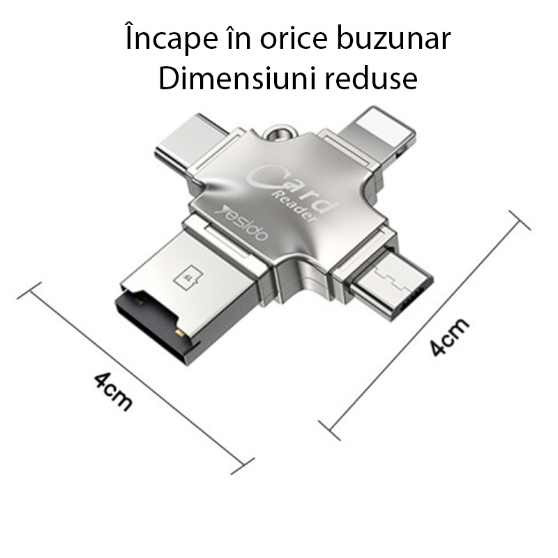 Cititor de Carduri MicroSD + Adaptor USB, Type-C, Lightning, Micro-USB, Yesido (GS13) - Silver - 3 | YEO