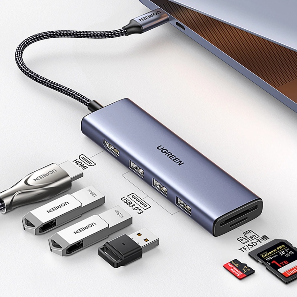Docking Station Type-C la 3x USB3.0, HDMI 4K, 5Gbps, Card Reader SD/TF, 104MB/s, Ugreen CM511 20956A, Gri - 3 | YEO
