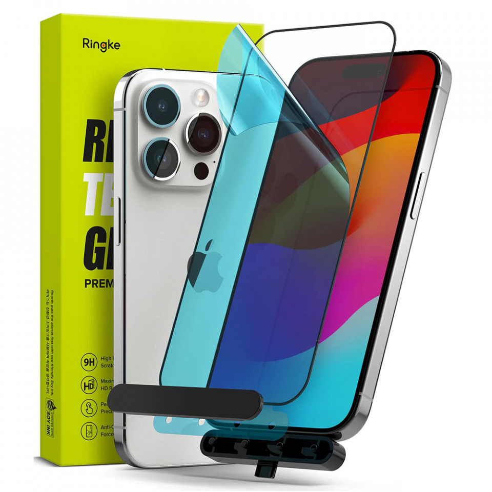 Folie iPhone 15 Pro Max din sticla securizata, Ringke Cover - Negru