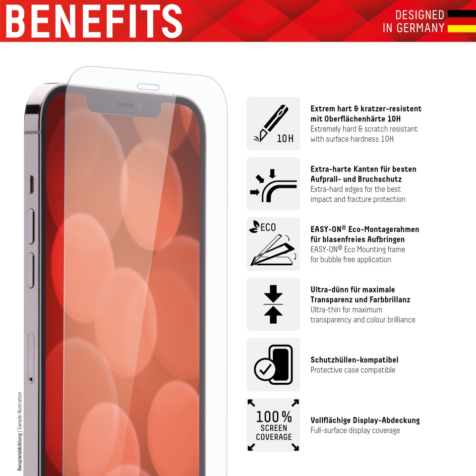 Folie Premium pentru iPhone 12 Pro Max, Displex, sticla securizata, cadru de monatare, priectat in Germania, Transparent - 1 | YEO